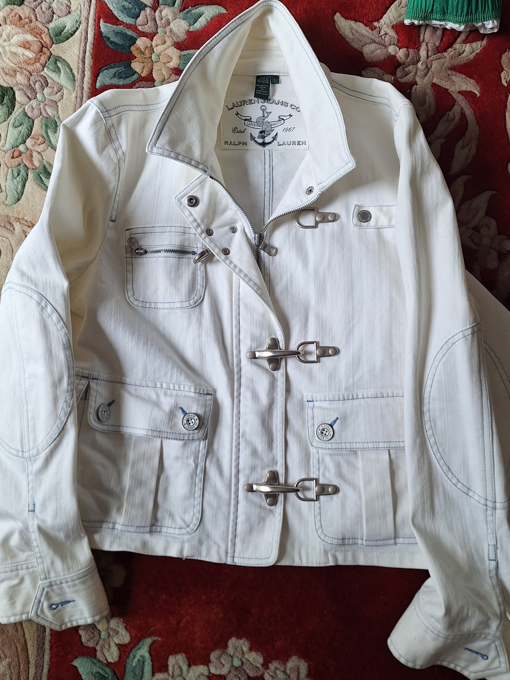 Vintage Like New Ralph Lauren White Cropped Moto-Style Jean Jacket Silver Buckle - Picture 2 of 3